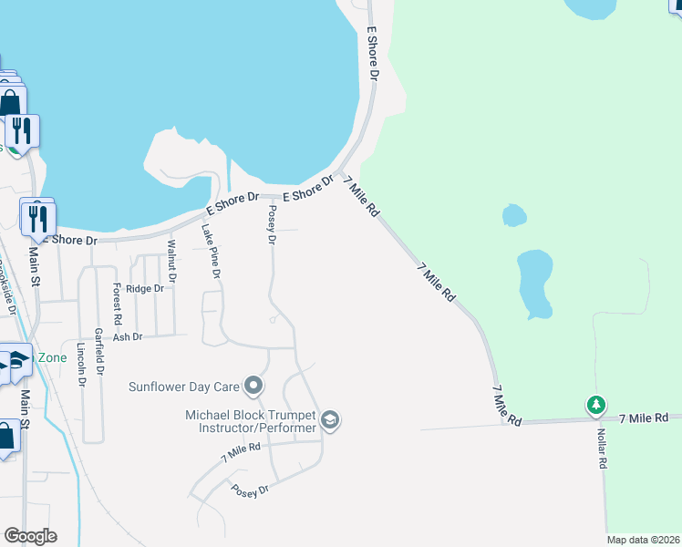map of restaurants, bars, coffee shops, grocery stores, and more near 722 7 Mile Road in Whitmore Lake