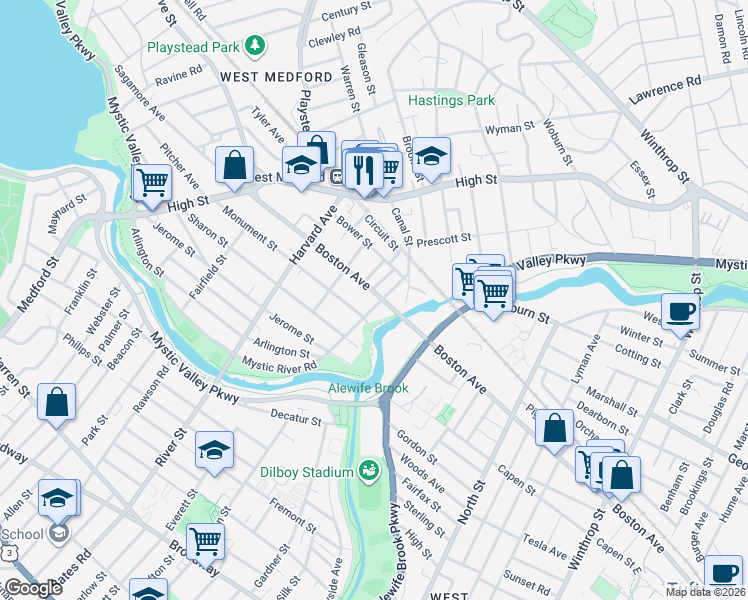 map of restaurants, bars, coffee shops, grocery stores, and more near 11 Tontine Street in Medford