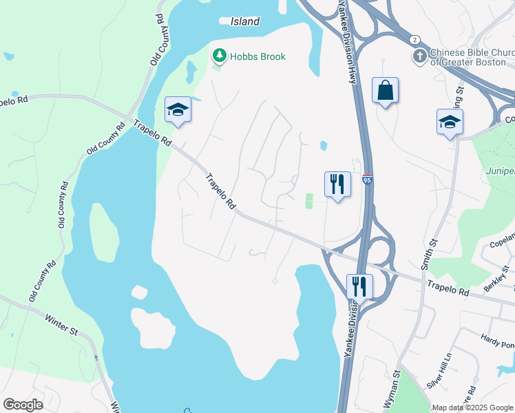 map of restaurants, bars, coffee shops, grocery stores, and more near 24 Mountain Road in Waltham