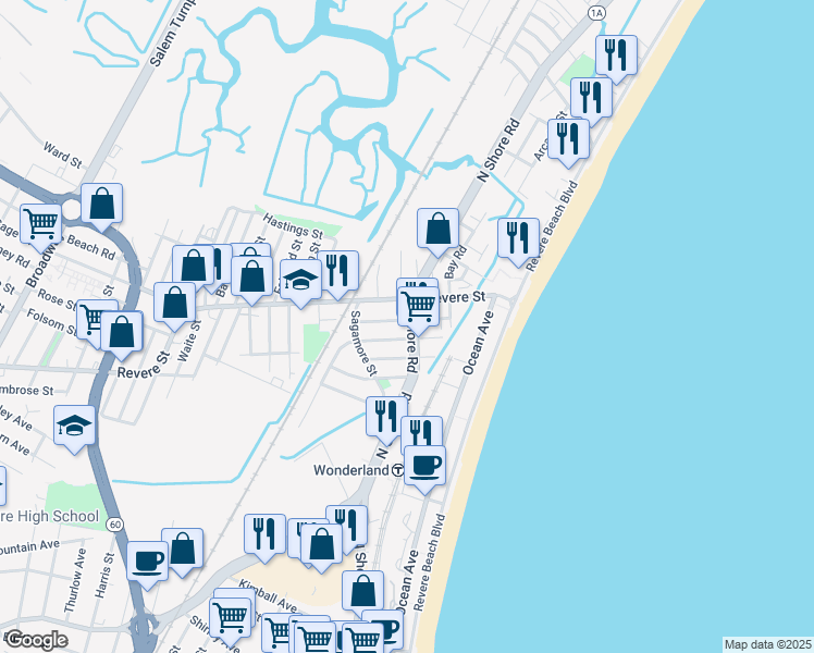 map of restaurants, bars, coffee shops, grocery stores, and more near 489 Revere Street in Revere