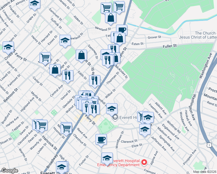 map of restaurants, bars, coffee shops, grocery stores, and more near 22 Thurman Street in Everett