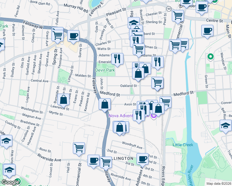 map of restaurants, bars, coffee shops, grocery stores, and more near 142 Oakland Street in Malden