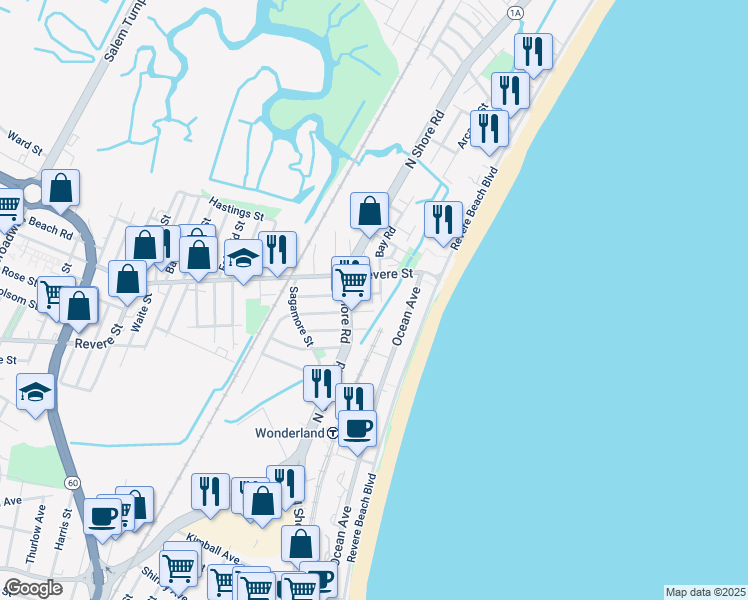 map of restaurants, bars, coffee shops, grocery stores, and more near in Revere