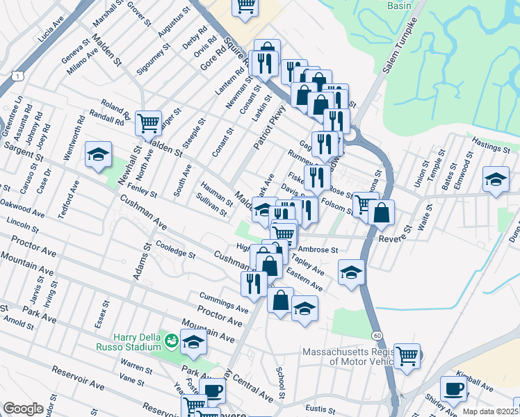 map of restaurants, bars, coffee shops, grocery stores, and more near 27 Stark Avenue in Revere
