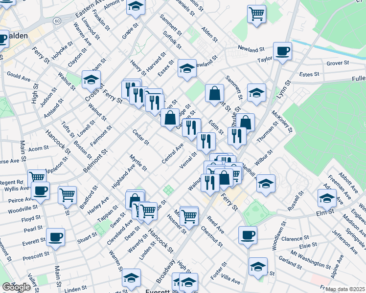 map of restaurants, bars, coffee shops, grocery stores, and more near 484 Ferry Street in Everett