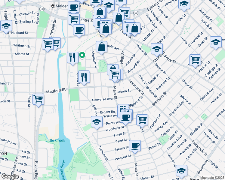 map of restaurants, bars, coffee shops, grocery stores, and more near in Malden