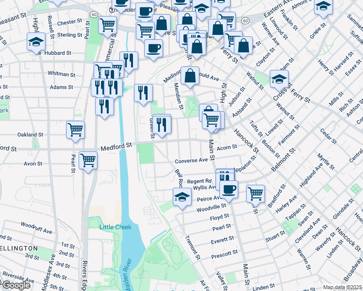 map of restaurants, bars, coffee shops, grocery stores, and more near 29 Brackenbury Street in Malden