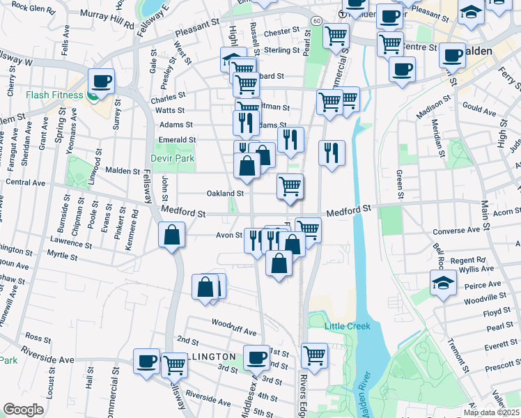 map of restaurants, bars, coffee shops, grocery stores, and more near 42 Oakland Street in Malden