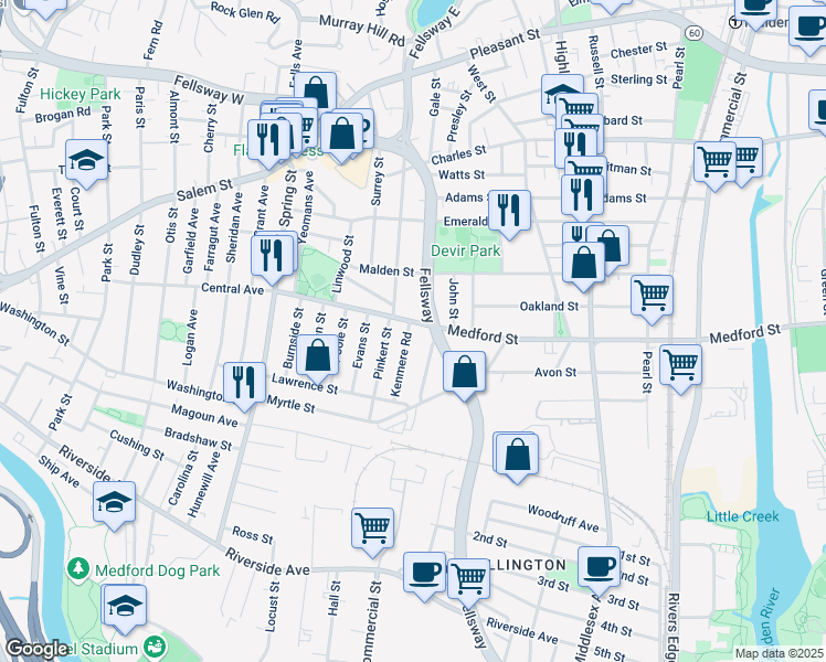 map of restaurants, bars, coffee shops, grocery stores, and more near 1096 Fellsway in Medford