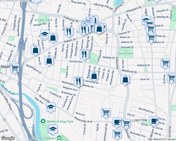 map of restaurants, bars, coffee shops, grocery stores, and more near 63 Burnside Street in Medford