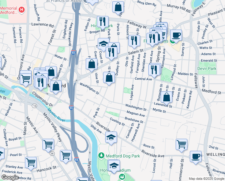 map of restaurants, bars, coffee shops, grocery stores, and more near 107 Park Street in Medford