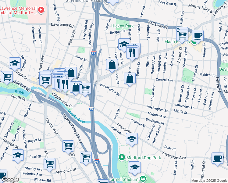 map of restaurants, bars, coffee shops, grocery stores, and more near 6r Franklin Street in Medford
