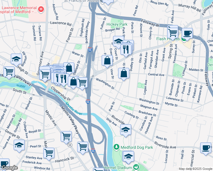 map of restaurants, bars, coffee shops, grocery stores, and more near 6r Franklin Street in Medford