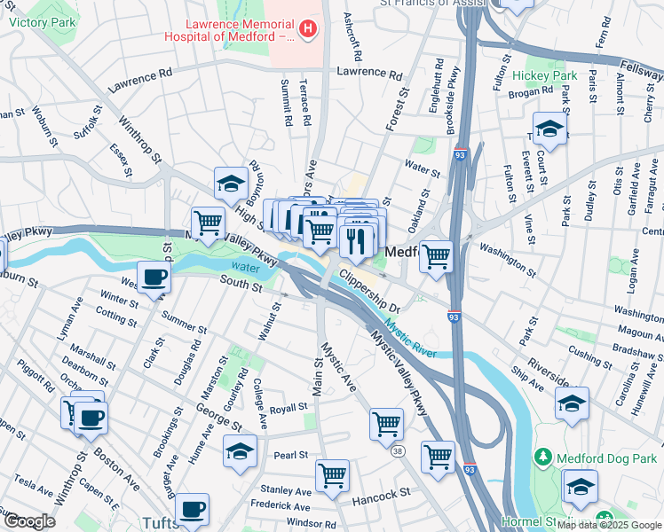 map of restaurants, bars, coffee shops, grocery stores, and more near 10 High Street in Medford