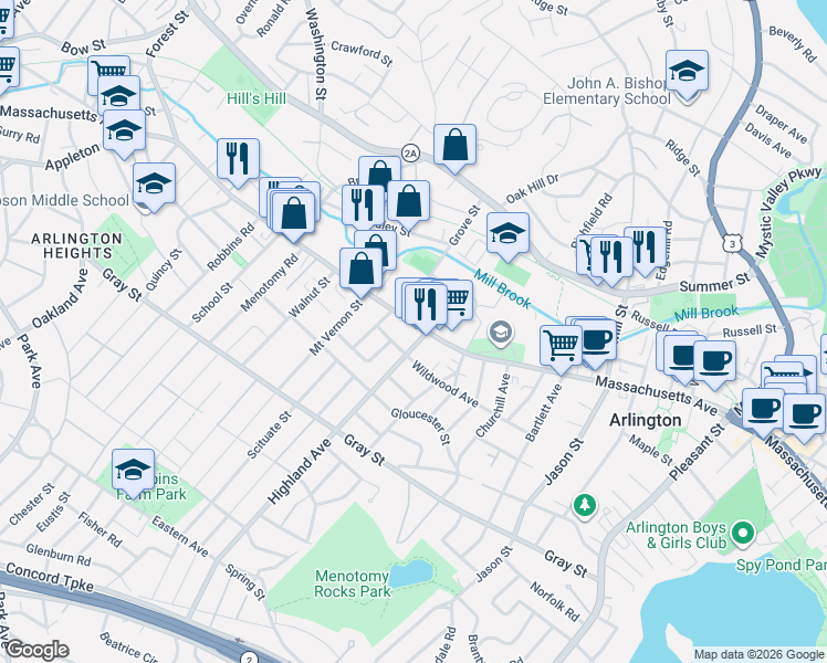 map of restaurants, bars, coffee shops, grocery stores, and more near 935 Massachusetts Avenue in Arlington