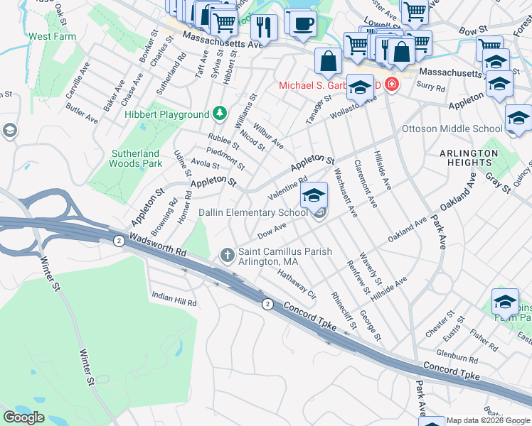 map of restaurants, bars, coffee shops, grocery stores, and more near 6 Virginia Road in Arlington