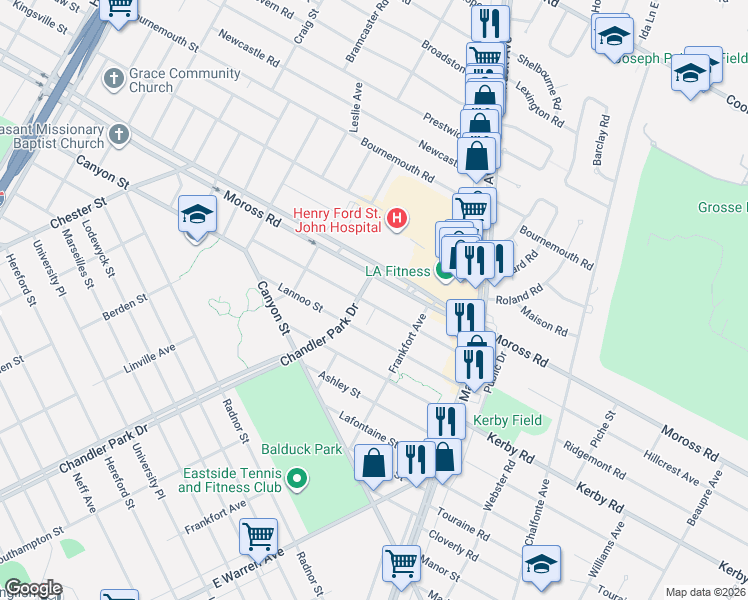 map of restaurants, bars, coffee shops, grocery stores, and more near 22020 Moross Road in Grosse Pointe