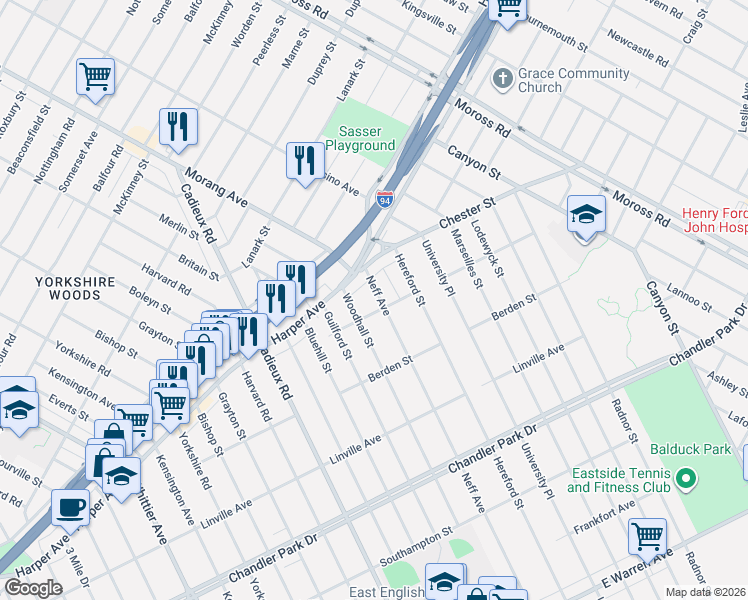 map of restaurants, bars, coffee shops, grocery stores, and more near 6362 Neff Avenue in Detroit
