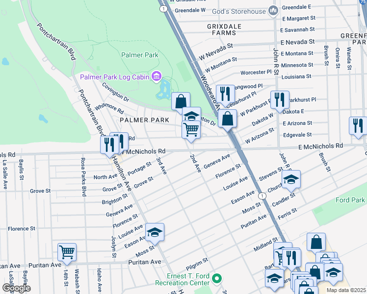 map of restaurants, bars, coffee shops, grocery stores, and more near 641 Merton Road in Detroit