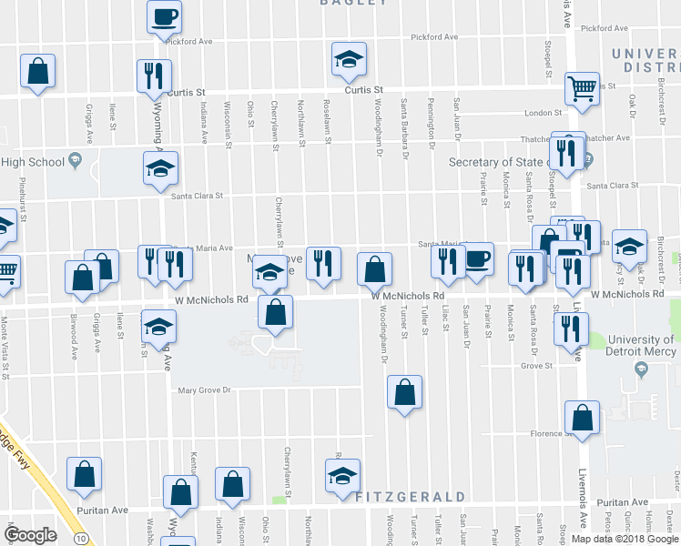 map of restaurants, bars, coffee shops, grocery stores, and more near 17203 Roselawn Street in Detroit
