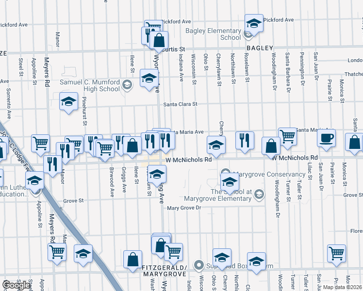 map of restaurants, bars, coffee shops, grocery stores, and more near 17201 Indiana Street in Detroit