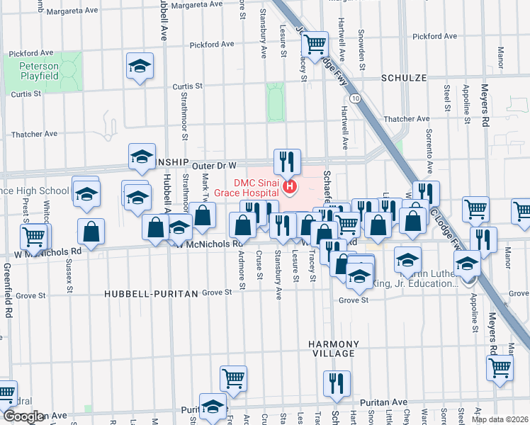 map of restaurants, bars, coffee shops, grocery stores, and more near 17201 Stansbury Avenue in Detroit