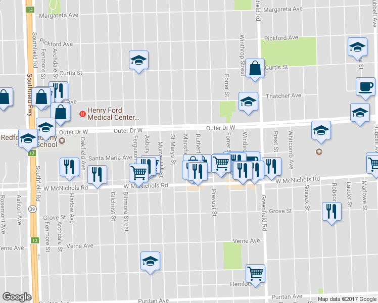 map of restaurants, bars, coffee shops, grocery stores, and more near 17351 Rutherford Street in Detroit