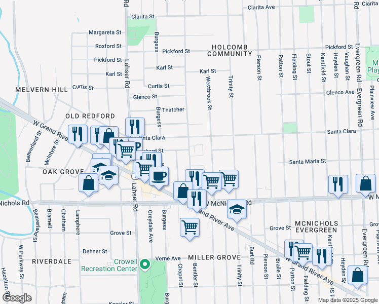 map of restaurants, bars, coffee shops, grocery stores, and more near 17432 Bentler Street in Detroit