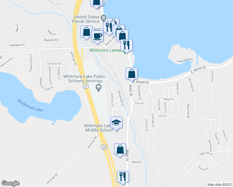 map of restaurants, bars, coffee shops, grocery stores, and more near 9163 Brookside Drive in Whitmore Lake