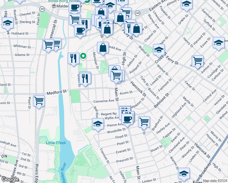 map of restaurants, bars, coffee shops, grocery stores, and more near in Malden