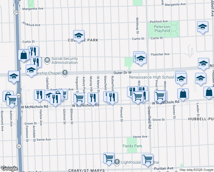map of restaurants, bars, coffee shops, grocery stores, and more near 17351 Rutherford Street in Detroit