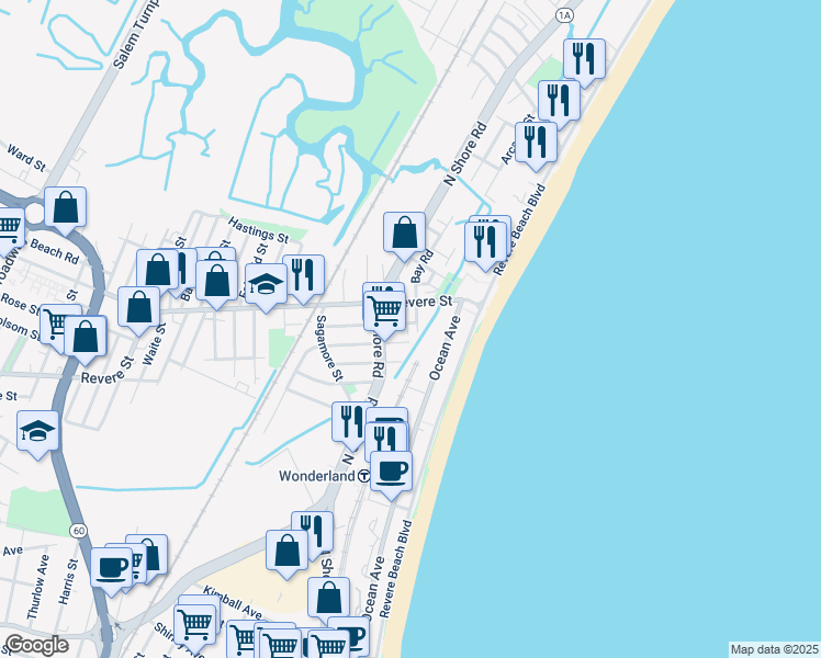 map of restaurants, bars, coffee shops, grocery stores, and more near in Revere