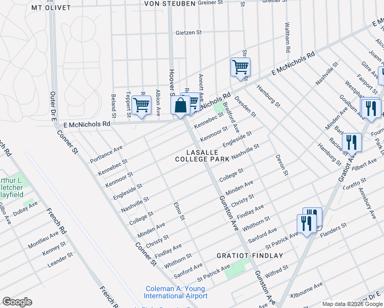map of restaurants, bars, coffee shops, grocery stores, and more near 12741 Gunston Street in Detroit