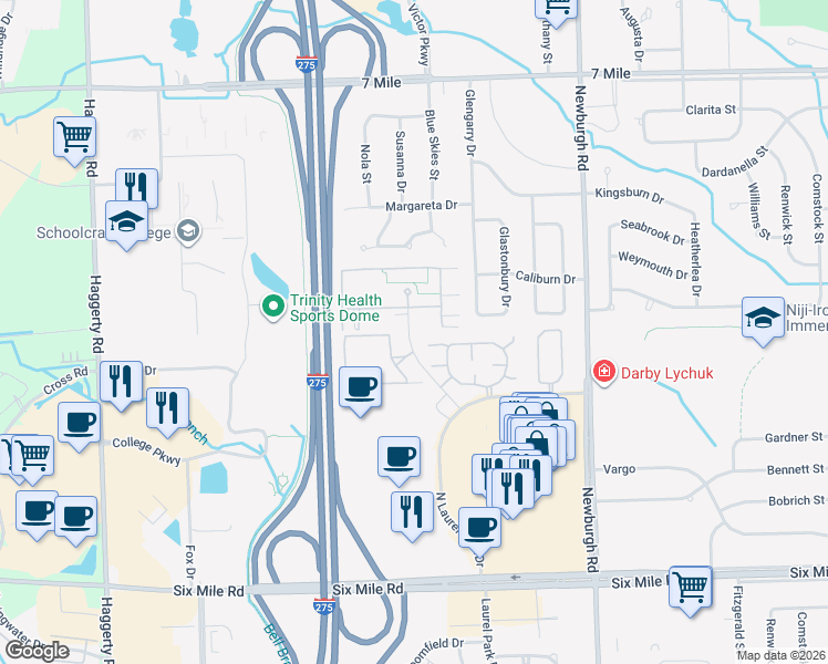 map of restaurants, bars, coffee shops, grocery stores, and more near 18417 University Park Drive in Livonia