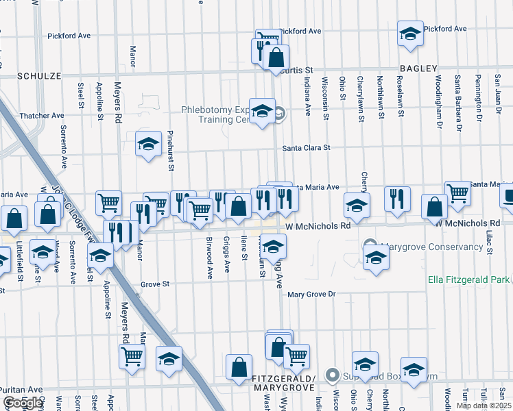 map of restaurants, bars, coffee shops, grocery stores, and more near 17169 Washburn Street in Detroit