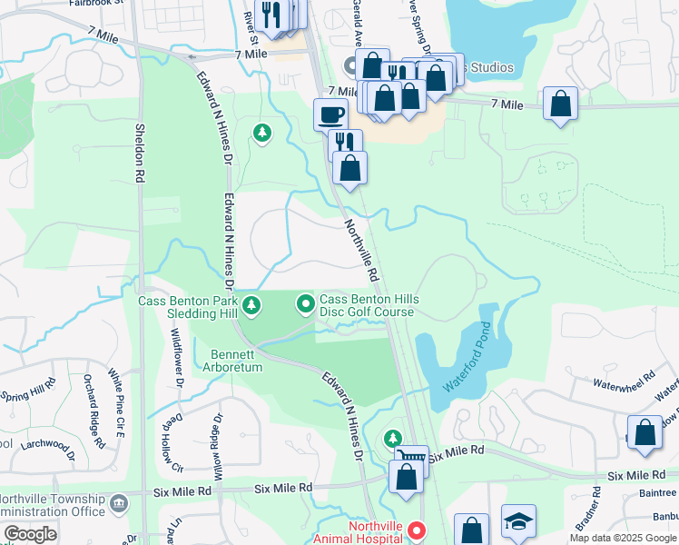 map of restaurants, bars, coffee shops, grocery stores, and more near 18167 Jamestown Circle in Northville