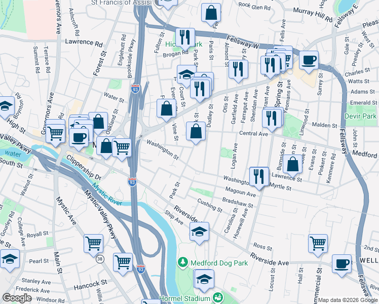 map of restaurants, bars, coffee shops, grocery stores, and more near 107 Park Street in Medford