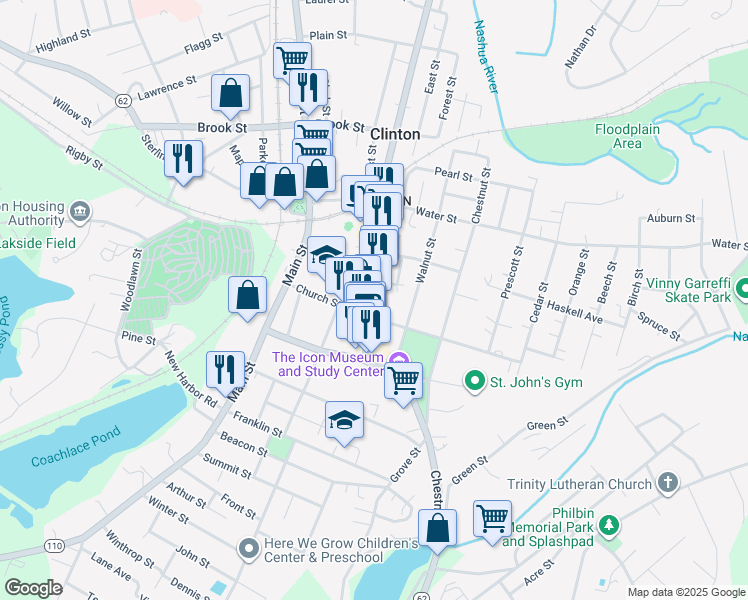 map of restaurants, bars, coffee shops, grocery stores, and more near 138 High Street in Clinton