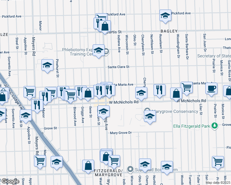 map of restaurants, bars, coffee shops, grocery stores, and more near 17201 Indiana Street in Detroit