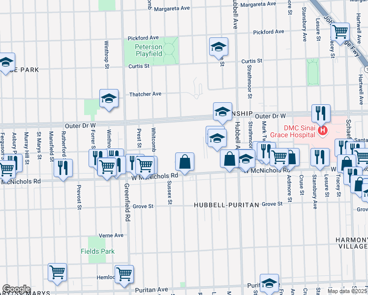 map of restaurants, bars, coffee shops, grocery stores, and more near 6767 West Outer Drive in Detroit