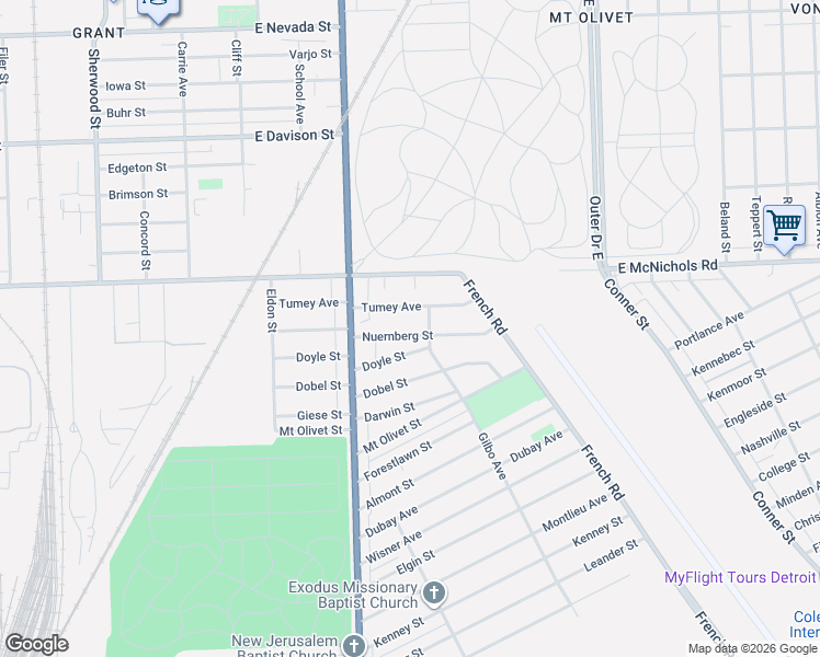 map of restaurants, bars, coffee shops, grocery stores, and more near 8080 Tumey Avenue in Detroit