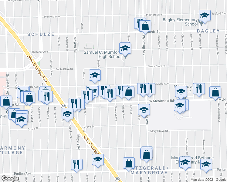 map of restaurants, bars, coffee shops, grocery stores, and more near 17177 Birwood Street in Detroit