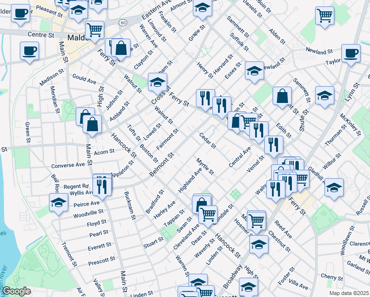 map of restaurants, bars, coffee shops, grocery stores, and more near 18 Washington Street in Everett