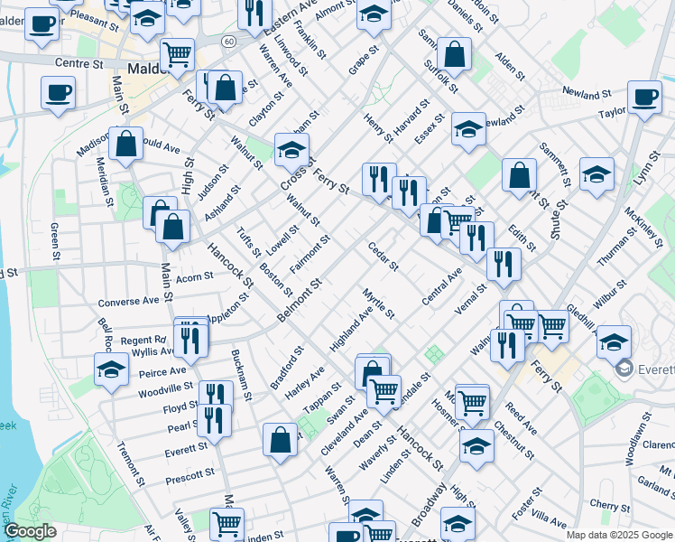 map of restaurants, bars, coffee shops, grocery stores, and more near 45 Fairmont Street in Malden