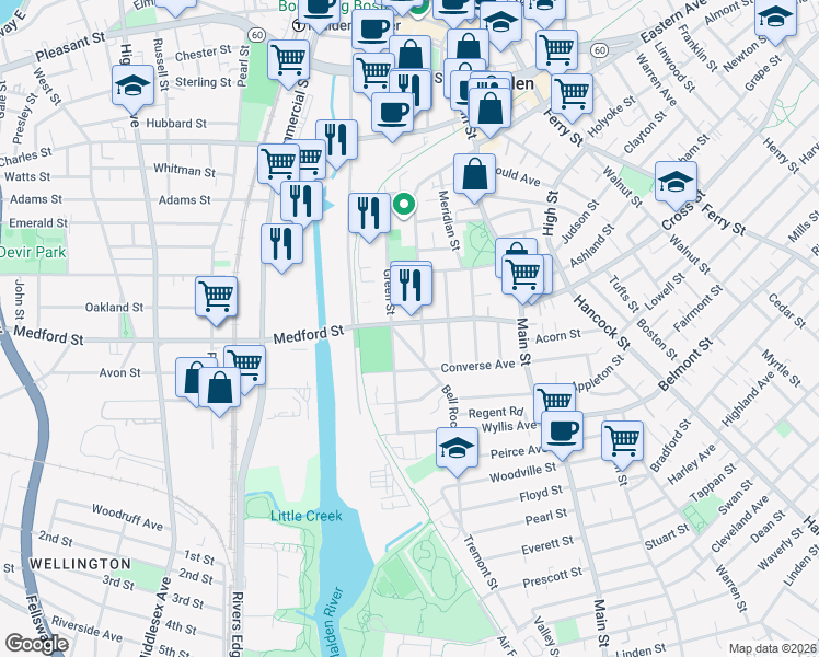 map of restaurants, bars, coffee shops, grocery stores, and more near 14 Berry Street in Malden