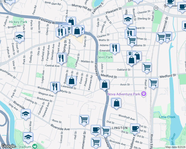 map of restaurants, bars, coffee shops, grocery stores, and more near 1096 Fellsway in Medford