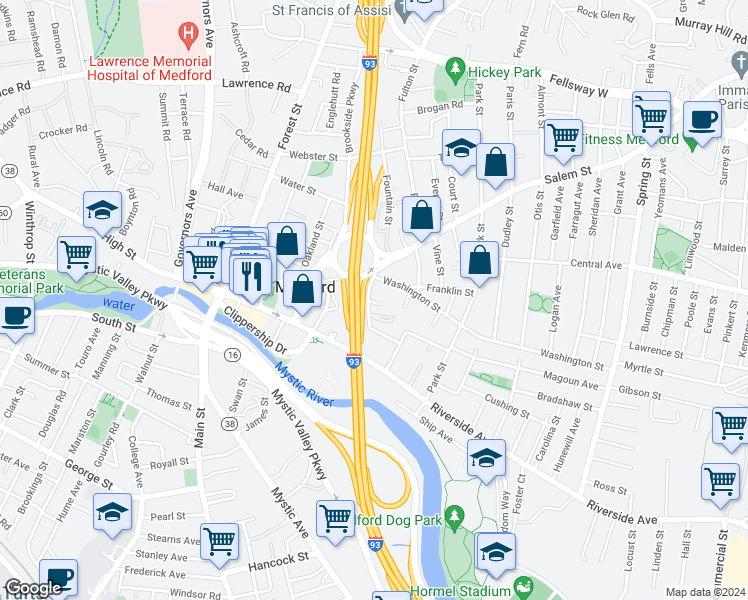 map of restaurants, bars, coffee shops, grocery stores, and more near 3 Washington Street in Medford