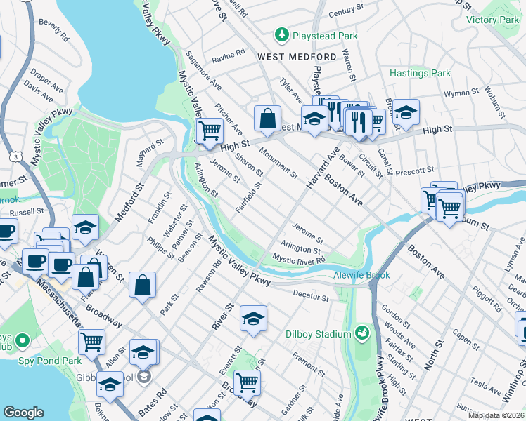 map of restaurants, bars, coffee shops, grocery stores, and more near 84 Jerome Street in Medford