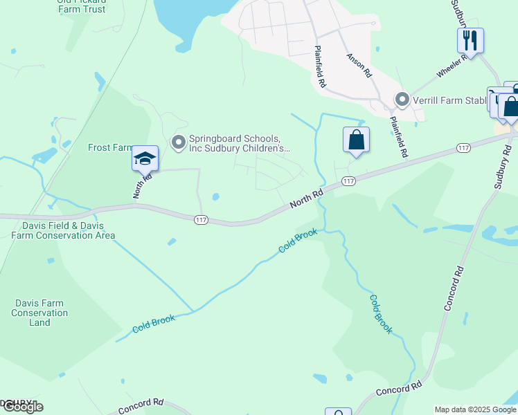 map of restaurants, bars, coffee shops, grocery stores, and more near 36 North Road in Sudbury