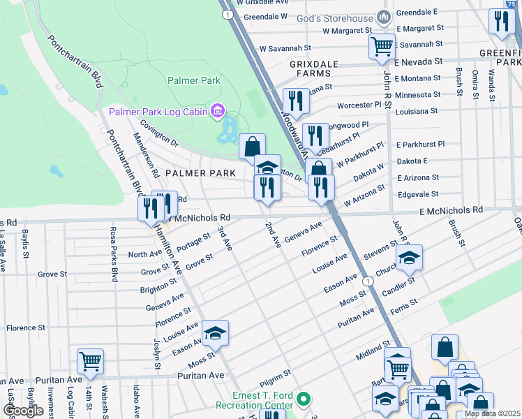 map of restaurants, bars, coffee shops, grocery stores, and more near 641 Merton Road in Detroit